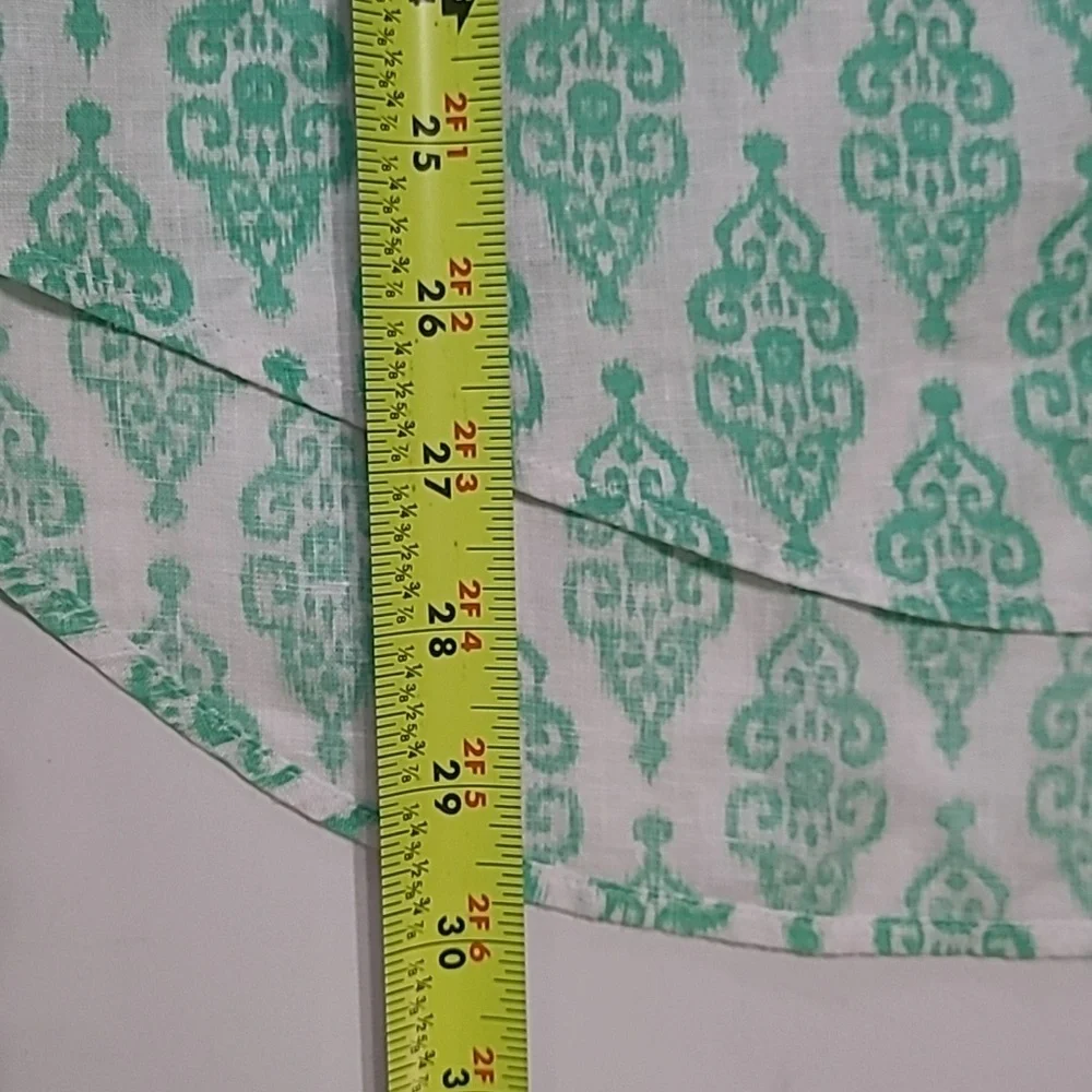 Chico's Green & White Patterned 100% Linen Button-Up 3/4 Length Sleeve Top (2)